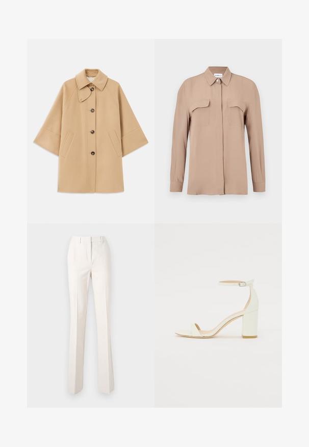 Beige gyapjú mix kabát klasszikus gallérral, elülső gombos záródással és oldalsó zsebekkel; raglán ujjaival és letisztult, strukturált dizájnjával rendelkezik.; Beige hosszú ujjú, gombos ing könnyű anyagból. Két mellzsebbel és klasszikus gallérral rendelkezik, egyenes szabású és letisztult dizájnú.; Marella ICELAND - Nadrágok - bianco lana; Fehér bőrsarkú szandál bokaankarral és csattal, minimális dizájnnal. Nyitott orrú és sima textúrákkal az egész felületen.