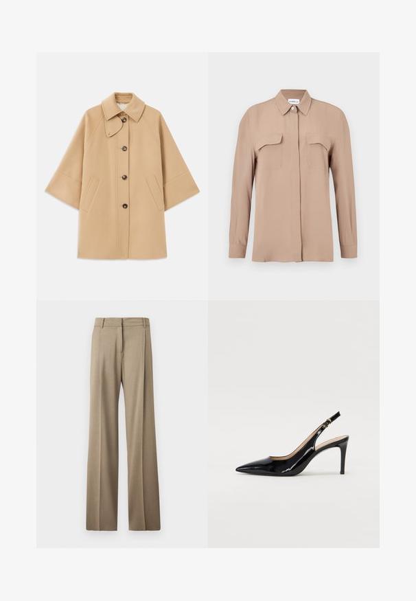 Beige kabát z vlněné směsi s klasickým límcem, zapínáním na knoflíky vpředu a bočními kapsami; má raglánové rukávy a čistý, strukturovaný design.; Béžová košile s dlouhým rukávem a knoflíky z lehké látky. Má dva náprsní kapsy a klasický límec, s rovným střihem a minimalistickým designem.; Kalhoty s širokými nohavicemi ze světlé hnědé látky. Mají hladký povrch, úhledně vyžehlené skladby a plochý design pasu.; Černé lakované slingback lodičky s špičatou špičkou, úzkým podpatkem a jemným výřezem. Obsahují zlatou sponu na řemínku.