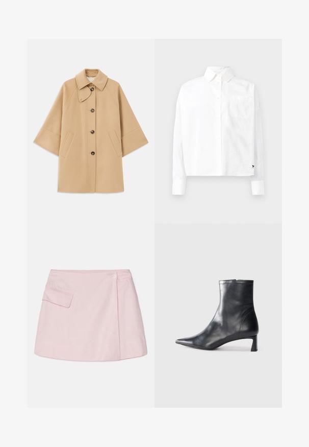 Bežový kabát z vlnenej zmesi s klasickým golierom, predným zapínaním na gombíky a bočnými vreckami; má raglánové rukávy a čistý, štruktúrovaný dizajn.; Biela dlhá košeľa s hodvábnymi rukávmi, so špicatým golierom, jednou náprsníkovou vreckom a manžetami. Vyrobená z hladkého, ľahkého materiálu.; Ružová ľanová mini sukňa s oblečeným lemom, postrannou vreckom a jedným gombíkom na páse. Hladká textúra a jednoduchý dizajn.; Čierne kožené členkové topánky s špicatou špičkou a elegantným dizajnom. Majú nízky podpätok a zips na zadnej strane. Hladká textúra.