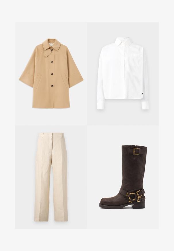 Beige kabát z vlněné směsi s klasickým límcem, zapínáním na knoflíky vpředu a bočními kapsami; má raglánové rukávy a čistý, strukturovaný design.; Bílá košile s dlouhým rukávem a knoflíkovým zapínáním, s špičatým límcem, jednou náprsní kapsou a manžetami. Vyrobena z hladké, lehké látky.; Bežové lněné kalhoty s volným střihem, sklady na přední straně a rovnými nohavicemi. Mají pas s poutky na opasek a žádné viditelné kapsy.; Hnědé semišové kozačky po kolena s kulatou špičkou, zlatými kovovými doplňky, dvěma sponami a nízkým robustním podpatkem.