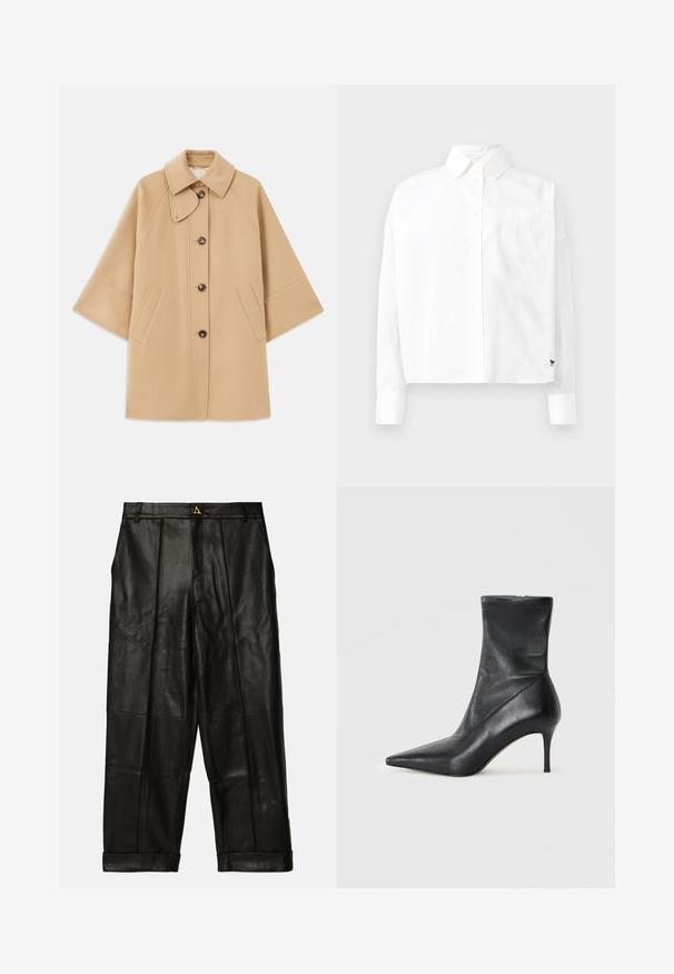Bežs vilnas maisījuma mētelis ar klasisku apkakli, priekšējo pogu aizdares un sānu kabatām; satur raglanu piedurknes un tīru, strukturētu dizainu.; Balta garām piedurknēm pogājama krekla ar norādītu apkakli, vienu krūšu kabatu un aprocēm. Izgatavots no gludas, vieglas auduma.; AERON ZIMA PANTS - Ādas bikses - black; Melna ādas potīšu zābaks ar smailu purngalu, šauru stiletto papēdi un cieši pieguļošu zeķes tipa augšdaļu. Gluda tekstūra ar minimālu šuvju detaļu.