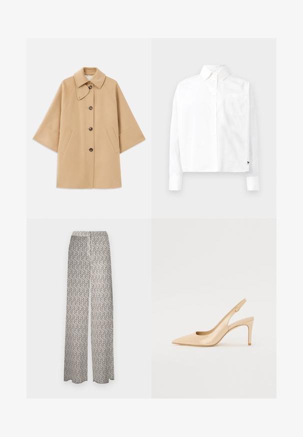 Manteau en mélange de laine beige avec un col classique, fermeture à boutons à l'avant et poches latérales ; présente des manches raglan et un design épuré et structuré.; Chemise blanche à manches longues avec col pointu, poche poitrine simple et manches à poignets. Fabriquée en tissu lisse et léger.; Un pantalon large en tissu léger présentant un motif abstrait répétitif dans des tons terreux. Taille élastique pour le confort, sans détails supplémentaires.; Escarpin slingback en cuir verni nude avec un bout pointu, un décolleté ouvert et un talon aiguille fin. Comprend un accent doré circulaire sur la sangle.