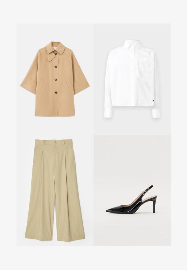 Bežs vilnas maisījuma mētelis ar klasisku apkakli, priekšējo pogu aizdares un sānu kabatām; satur raglanu piedurknes un tīru, strukturētu dizainu.; Balta garām piedurknēm pogājama krekla ar norādītu apkakli, vienu krūšu kabatu un aprocēm. Izgatavots no gludas, vieglas auduma.; Beidzīgas krāsas platās bikses, kas izgatavotas no viegla auduma. Tām ir plakana priekšpuse, divas sānu kabatas un zeltaini trīsstūra akcents uz jostas.; Melnas lakotās ādas slingback kurpes ar izteiktu degunu, šauru papēdi un smalku izgriezumu dizainu. Siksniņai ir zelta sprādze.