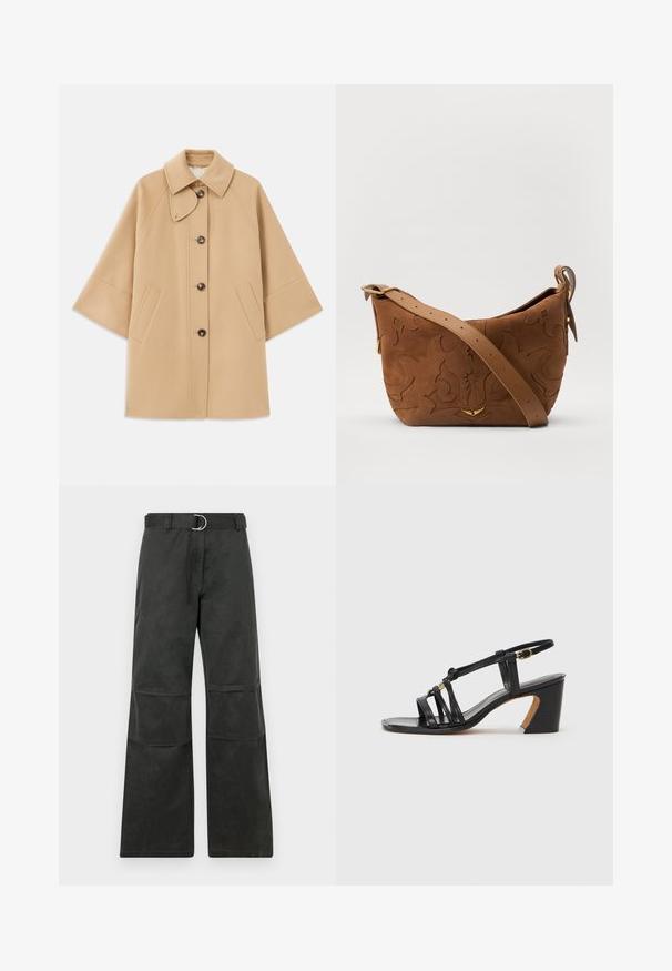 Beige gyapjú mix kabát klasszikus gallérral, elülső gombos záródással és oldalsó zsebekkel; raglán ujjaival és letisztult, strukturált dizájnjával rendelkezik.; Fehér, hosszú ujjú, gombos ing, hegyes gallérral, egyetlen mellzsebbel és kis mandzsettával. Simább, könnyű anyagból készült.; Fekete, bő szárú nadrág közepes derékkal, ezüst színű kör alakú csattal ellátott övvel, térd foltokkal részletezve.; Paul Smith AMIRA - Klasszikus sarkú cipők - black; Barna velúr válltáska, dombornyomott virágmintával, sima barna bőrpánttal és arany színű fém kiegészítőkkel.