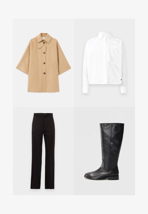 Palton din lână bej, cu un guler clasic, închidere frontală cu nasturi și buzunare laterale; are mâneci raglan și un design curat, structurat.; Cămașă albă cu mâneci lungi, cu guler pointat, un singur buzunar pe piept și manșete la încheietură. Fabricată dintr-un material neted și ușor.; Pantaloni negri, croiți pe măsură, cu un design drept, având dungi subtile, bucle pentru curea și o textură netedă.; Botină neagră din piele, până la genunchi, cu un toc mic și bot rotund, care prezintă detalii de coasere pe tijă și pe partea din față.