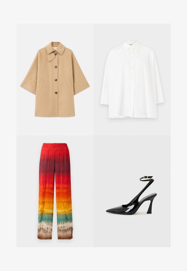 Bežna volnena jopica s klasičnim ovratnikom, sprednjim gumbom za zapiranje in stranskimi žepi; ima raglan rokave in čist, strukturiran dizajn.; Bela srajca z gumbom in klasičnim ovratnikom, dolgimi rokavi in sproščenim krojem. Gladek bombažni material brez vidnih vzorcev ali dodatkov.; Široke hlače s gradientnim dizajnom v rdeči, oranžni, rumeni in zeleni barvi. Narejene so iz gladkega, lahkotnega materiala z elastičnim pasom.; Črne patentne usnjene slingback visoke pete s koničastim nosom, nastavljivim gležnjastim trakom in zmerno blokasto peto. Gladka tekstura z bleščečim zaključkom.