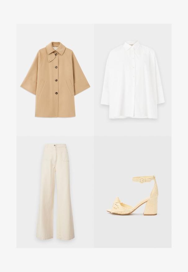 Bežs vilnas maisījuma mētelis ar klasisku apkakli, priekšējo pogu aizdares un sānu kabatām; satur raglanu piedurknes un tīru, strukturētu dizainu.; Balta pogca krekls ar klasisku apkakli, garām piedurknēm un brīvu piegriezumu. Gluda kokvilnas auduma, bez redzamām rakstu vai akcentu detaļām.; WEEKEND MaxMara FILTRO - Auduma bikses - ecru; Dzeltenas auduma papēžu sandeļu ar kvadrātveida purngalu, dekoratīvu izgrieztu dizainu, potītes siksniņu ar apļa sprādzi un teksturētu blokveida papēdi.