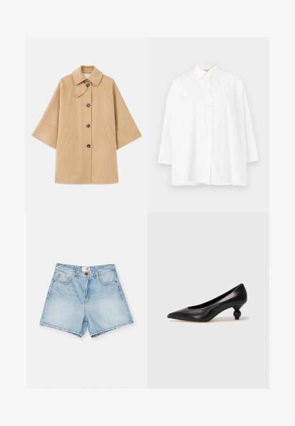 Beige wollen blend jas met een klassieke kraag, sluiting met knopen aan de voorkant en zijzakken; heeft raglanmouwen en een nette, gestructureerde uitstraling.; Witte button-up blouse met een klassieke kraag, lange mouwen en een relaxte pasvorm. Glad katoenen stof zonder zichtbare patronen of accenten.; FRAME THE EASY - Jeansshort - fizz indigo; Zwarte leren hoge hak schoen met een spitse neus en een ronde, bolle hak. Gladde textuur met een elegant, minimalistisch ontwerp.
