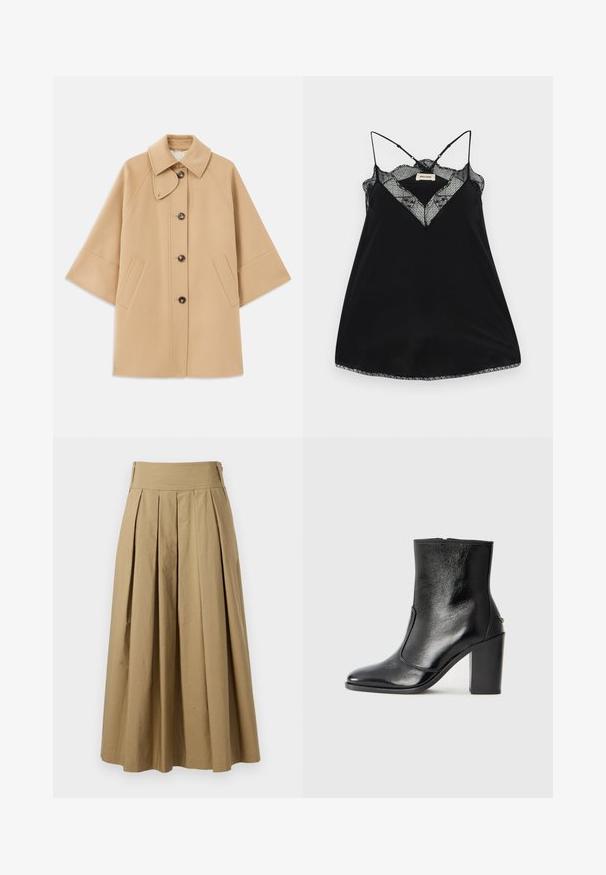 Manteau en mélange de laine beige avec un col classique, fermeture à boutons à l'avant et poches latérales ; présente des manches raglan et un design épuré et structuré.; Camisole noire avec des bretelles réglables, dotée d'un décolleté en dentelle plongeant et de bords festonnés. Tissu lisse avec un léger éclat.; Jupe plissée kaki avec une taille haute, en coton. Présente un design fluide et une finition d'ourlet avec des détails de couture discrets.; Bottine en cuir noir, avec une texture lisse, un bout pointu et un talon chunky haut. Présente une ouverture sur le côté et un design minimaliste.