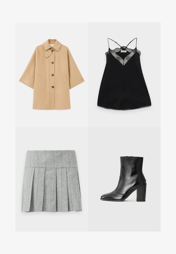 Beež villasegu jakk klassikalise kraega, ees nuppude sulgemise ja küljetaskutega; omab raglan-varrukaid ja puhtalt, struktureeritud disaini.; Musta kampsun, millel on reguleeritavad rihmad, pitsist madal kaelus ja lainelised ääred. Sile kangas, millel on kerge sära.; Hallitanud plekkseelik, mis on valmistatud herringbone-mustriga kangast; sellel on struktureeritud vöökoht ja sirge lõige all.; Must kõvale nahast pahklipsu saapad, millel on sile tekstuur, terav varvas ja paks kõrge kann. Omab külgavatust ja minimalistlikku disaini.