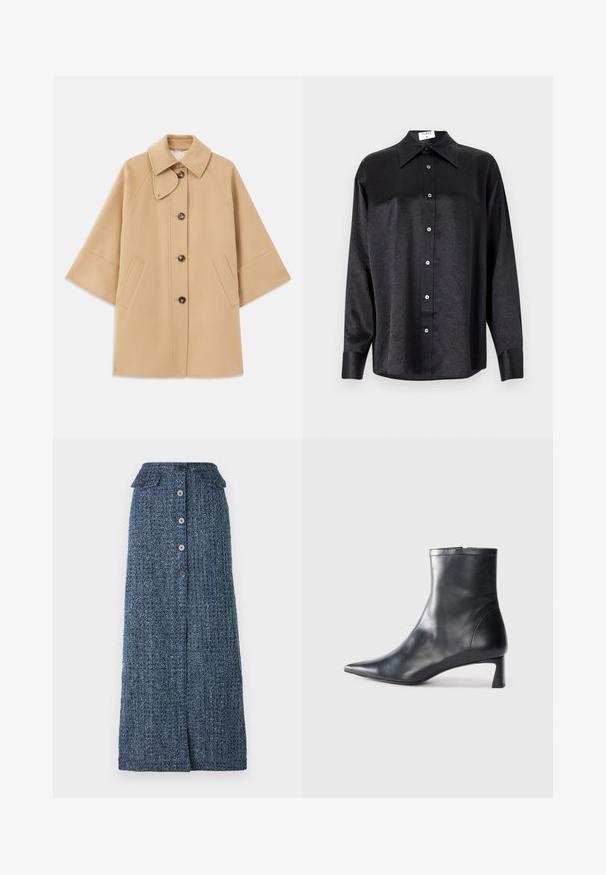 Bežs vilnas maisījuma mētelis ar klasisku apkakli, priekšējo pogu aizdares un sānu kabatām; satur raglanu piedurknes un tīru, strukturētu dizainu.; Melnas garām piedurknēm krekls ar apdari, kas piedāvā samocītu tekstūru, pilnu pogu priekšpusi un aproces. Izgatavots no gludas auduma.; Tumši zils džinsu garais svārks ar teksturētu apdari, ar pogu priekšā, divām kabatām ar atloku un nelielu priekšējo šķēlumu.; Melnas ādas potītes zābaki ar norādītu pirkstu un elegantu dizainu. Iezīmē zemu papēdi un rāvējslēdzēja aizdari aizmugurē. Gluda tekstūra.