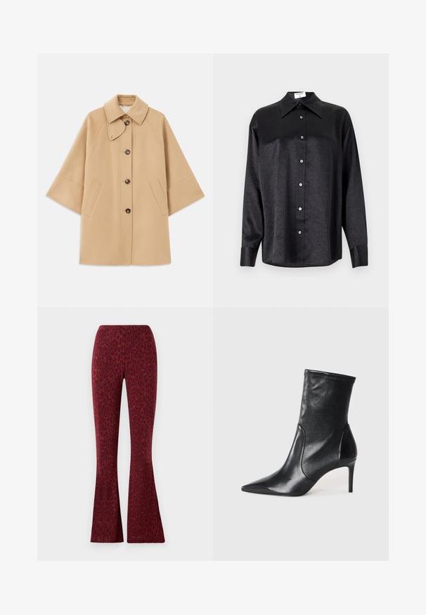 Beige kabát z vlněné směsi s klasickým límcem, zapínáním na knoflíky vpředu a bočními kapsami; má raglánové rukávy a čistý, strukturovaný design.; Černá košile s dlouhým rukávem a límečkem, s jakostní texturou, plně zapínací, s manžetami. Vyrobena z hladkého materiálu.; Červené rozšířené kalhoty s sametovým leopardím vzorem, hladkým povrchem a elastickým pasem pro pohodlí.; Černé kotníkové boty vyrobené z hladké kůže, s špičatou špičkou, těsným svrškem a tenkým vysokým podpatkem. Minimalistický design bez viditelné mechaniky.