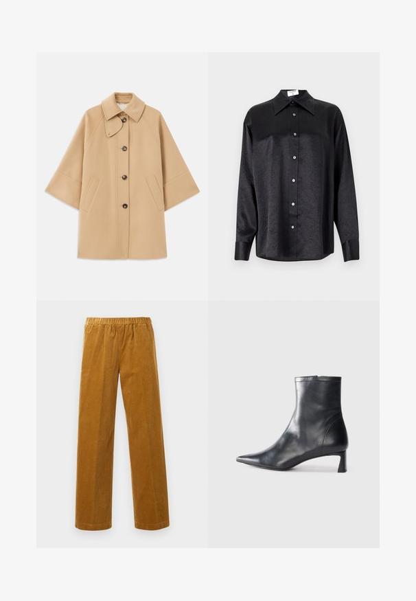 Manteau en mélange de laine beige avec un col classique, fermeture à boutons à l'avant et poches latérales ; présente des manches raglan et un design épuré et structuré.; Chemise noire à manches longues avec un col, présentant une texture froissée, une fermeture à boutons sur le devant et des poignets. Fabriquée en tissu lisse.; Pantalons en velours côtelé à taille élastique et jambe droite, de couleur brun moutarde, présentés sur un fond blanc uni.; Bottine en cuir noir avec un bout pointu et un design épuré. Présente un petit talon et une fermeture éclair à l'arrière. Texture lisse.