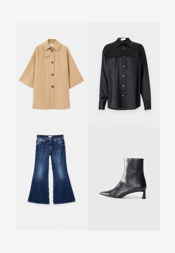 Beige wollen blend jas met een klassieke kraag, sluiting met knopen aan de voorkant en zijzakken; heeft raglanmouwen en een nette, gestructureerde uitstraling.; Zwarte blouse met lange mouwen en een kraag, voorzien van een gekreukt oppervlak, volwaardige knopen aan de voorkant en manchetten. Gemaakt van een gladde stof.; RE/DONE BAGGY FLARE - Flared Jeans - monterey fade; Zwarte leren enkellaars met een spitse neus en een slank ontwerp. Heeft een lage hak en een ritssluiting aan de achterkant. Gladde textuur.