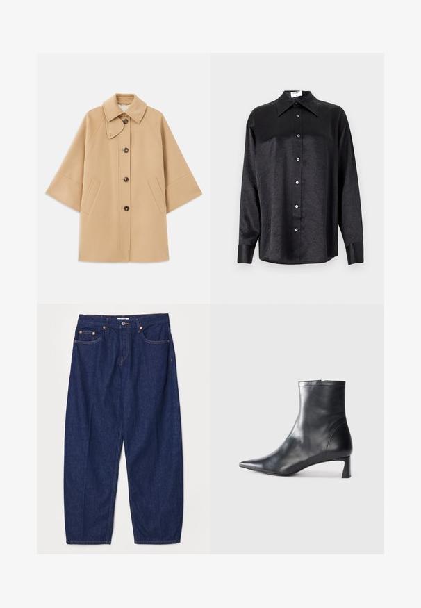 Beige wool blend coat with a classic collar, front button closure, and side pockets; features raglan sleeves and a clean, structured design.; Black long-sleeve shirt with a collared neckline, featuring a crinkled texture, full button front, and cuffs. Made from a smooth fabric.; RE/DONE WIDE TAPER - Relaxed fit jeans - deadstock like; Black leather ankle boot with a pointed toe and a sleek design. Features a low heel and a zipper closure at the back. Smooth texture.