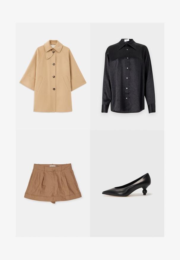 Beige wool blend coat with a classic collar, front button closure, and side pockets; features raglan sleeves and a clean, structured design.; Black long-sleeve shirt with a collared neckline, featuring a crinkled texture, full button front, and cuffs. Made from a smooth fabric.; Light brown linen shorts with a pleated design, wide waistband, and rolled cuffs, displayed against a white background.; Black leather high heel shoe with a pointed toe and a round, balled heel. Smooth texture with a sleek, minimal design.