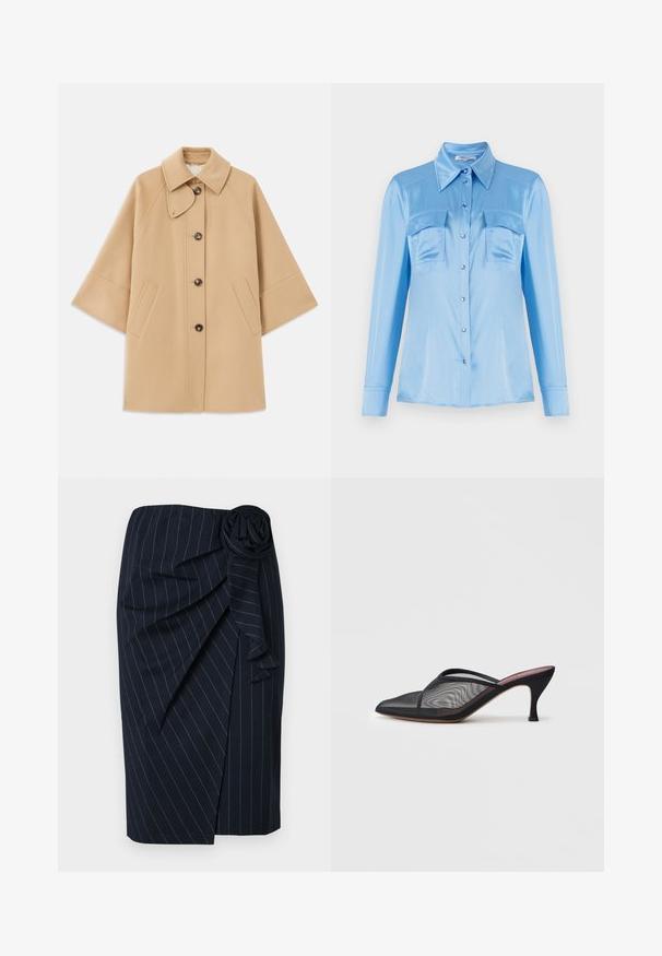 Beige gyapjú mix kabát klasszikus gallérral, elülső gombos záródással és oldalsó zsebekkel; raglán ujjaival és letisztult, strukturált dizájnjával rendelkezik.; Világoskék selyem gombos ing hosszú ujjakkal, két elöl elhelyezett zsebbel és hegyes gallérral. Gyöngyház gombokkal és sima textúrával rendelkezik.; Sötétkék, térdhtérd hosszúságú szoknya fehér csíkozással, átkötős dizájnnal és szövet rózsa díszítéssel a deréknál.; Fekete hálós mules cipő hegyes orral, vékony pántokkal és 3 hüvelykes tűsarkúval. Átlátszó textúrával és egyszínű talppal rendelkezik.