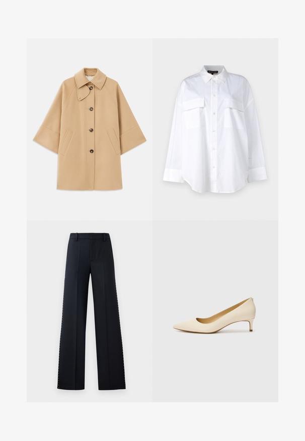 Cappotto in misto lana beige con colletto classico, chiusura frontale con bottoni e tasche laterali; presenta maniche a raglan e un design pulito e strutturato.; Camicia bianca in cotone, con colletto classico, due tasche sul petto e maniche lunghe con polsini. Tessuto liscio.; Pantaloni a gamba larga neri. Fit sartoriale con una texture liscia. Presentano una fila di borchie metalliche lungo le cuciture laterali per un tocco di dettaglio.; Décolleté beige a punta realizzato in materiale sintetico liscio, con tacco basso e design slip-on, caratterizzato da un sottile dettaglio posteriore.