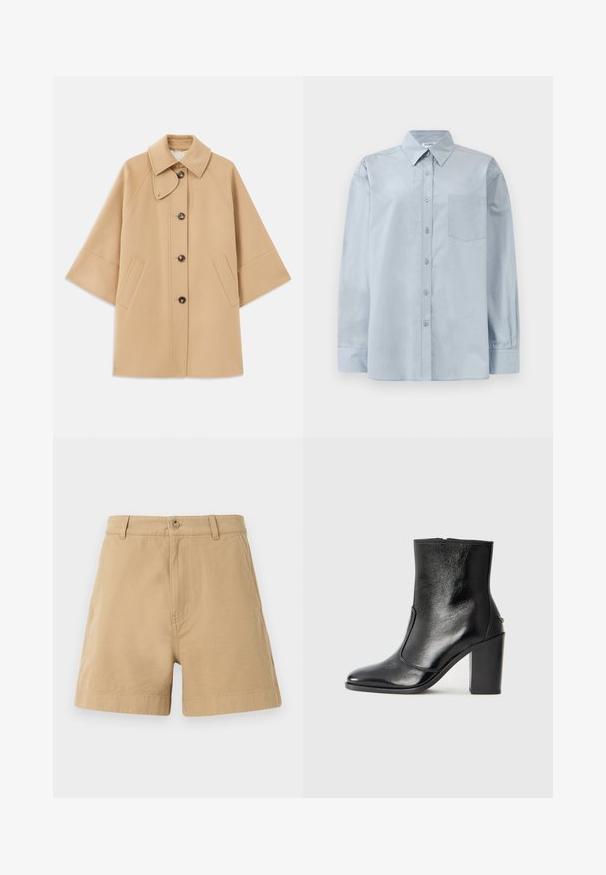 Casaco em mistura de lã bege com colarinho clássico, fecho frontal com botões e bolsos laterais; possui mangas raglan e um design limpo e estruturado.; Camisa azul claro de manga longa, com colarinho pontudo e bolso no peito, disposta em cima de um fundo branco.; Calções bege feitos de algodão, com um design clássico, fecho à frente com botão e passantes para cinto. Textura suave com bolsos laterais.; Bota ankle preta em pele com uma textura suave, bico fino e um salto alto robusto. Apresenta uma abertura lateral e um design minimalista.