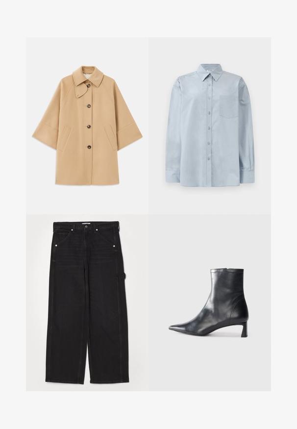 Bežs vilnas maisījuma mētelis ar klasisku apkakli, priekšējo pogu aizdares un sānu kabatām; satur raglanu piedurknes un tīru, strukturētu dizainu.; Gai zila garām piedurknēm pogājama krekla ar norādītu apkakli un krūšu kabatu, izlikts uz balta fona.; RE/DONE PAINTER JEAN - Brīva piegriezuma džinsi - crafted black; Melnas ādas potītes zābaki ar norādītu pirkstu un elegantu dizainu. Iezīmē zemu papēdi un rāvējslēdzēja aizdari aizmugurē. Gluda tekstūra.