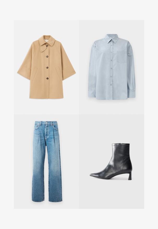 Casaco em mistura de lã bege com colarinho clássico, fecho frontal com botões e bolsos laterais; possui mangas raglan e um design limpo e estruturado.; Camisa azul claro de manga longa, com colarinho pontudo e bolso no peito, disposta em cima de um fundo branco.; Jeans de cintura alta de perna reta em azul claro, com pregas frontais, cinco bolsos, fecho com botão e costura visível sobre fundo branco.; Bota de tornozelo em pele preta com biqueira apontada e um design elegante. Apresenta um salto baixo e um fecho com zipper na parte de trás. Textura suave.