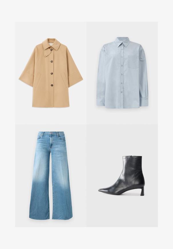 Bežs vilnas maisījuma mētelis ar klasisku apkakli, priekšējo pogu aizdares un sānu kabatām; satur raglanu piedurknes un tīru, strukturētu dizainu.; Gai zila garām piedurknēm pogājama krekla ar norādītu apkakli un krūšu kabatu, izlikts uz balta fona.; Gai zils džinsu audums ar platām kājām, augsto jostasvietu, priekšējo pogu un piecu kabatu stilu.; Melnas ādas potītes zābaki ar norādītu pirkstu un elegantu dizainu. Iezīmē zemu papēdi un rāvējslēdzēja aizdari aizmugurē. Gluda tekstūra.