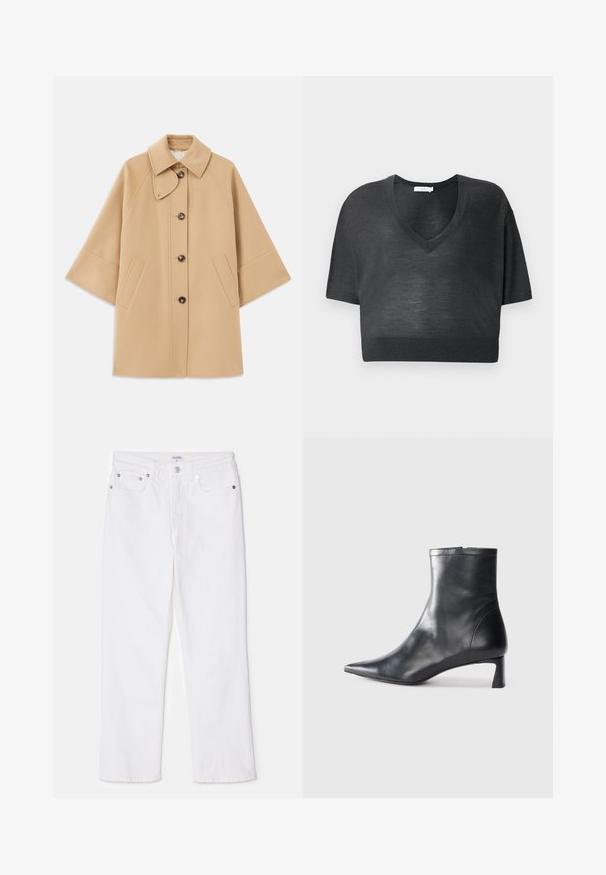 Beež villasegu jakk klassikalise kraega, ees nuppude sulgemise ja küljetaskutega; omab raglan-varrukaid ja puhtalt, struktureeritud disaini.; Must have T-särk mustas värvuses, valmistatud kergetest materjalidest, millel on V-kaelus, lühikesed varrukad ja soonikkraega hem. Minimalistlik disain, ilma mustrite ja aktsentideta.; Valged denim püksid sirge jala lõikega, klassikalise viie tasku paigutusega ja hõbedaste detailidega vööl.; Mustad mustall nahkasaabas terava nina ja stiilse disainiga. Omab madalat konts ja luku sulgemist taga. Sile tekstuur.