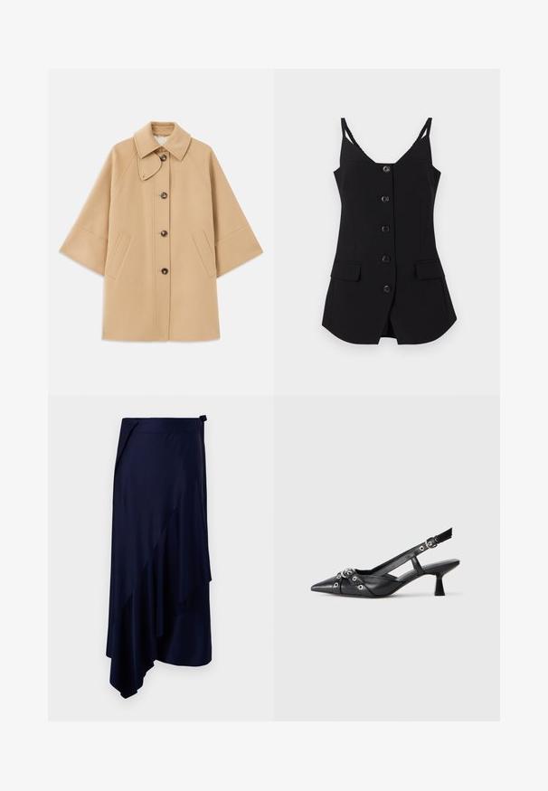 Bežs vilnas maisījuma mētelis ar klasisku apkakli, priekšējo pogu aizdares un sānu kabatām; satur raglanu piedurknes un tīru, strukturētu dizainu.; Melnā bezpiedurkņu blūze ar V-veida kakla izgriezumu, sešiem priekšējiem pogām, divām sānu kabatām un teksturētām siksnām. Smooth audums ar pielāgotu piegriezumu.; Rabanne Zīmuļsvārki - deep navy; Melnas ādas šlipsveida kurpes ar norādītu purngalu, dekoratīvām joslām ar metāla acīm un zemu bloku papēdi. Teksturēta virsma.