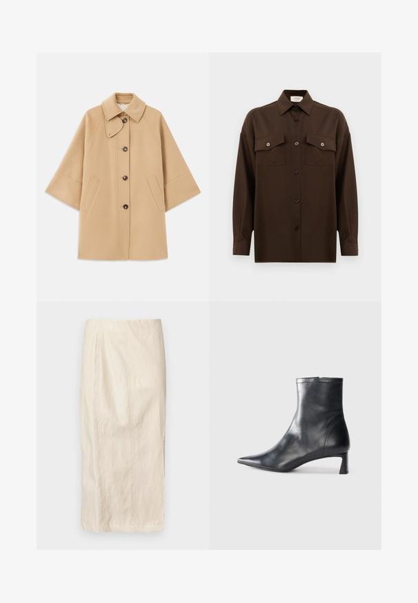 Beige kabát z vlněné směsi s klasickým límcem, zapínáním na knoflíky vpředu a bočními kapsami; má raglánové rukávy a čistý, strukturovaný design.; Tmavě hnědá košile s dlouhým rukávem a knoflíky, se dvěma kapsami na hrudi a klasickým límečkem, vystavená na čistém bílém pozadí.; Krémová sukňa po kolená s plisovaným designem, vyrobená z lehkého materiálu. Obsahuje vertikální švy a hladký, mírně texturovaný povrch.; Černé kožené kotníkové boty s špičatou špičkou a elegantním designem. Mají nízký podpatek a zipové zapínání na zadní straně. Hladká textura.