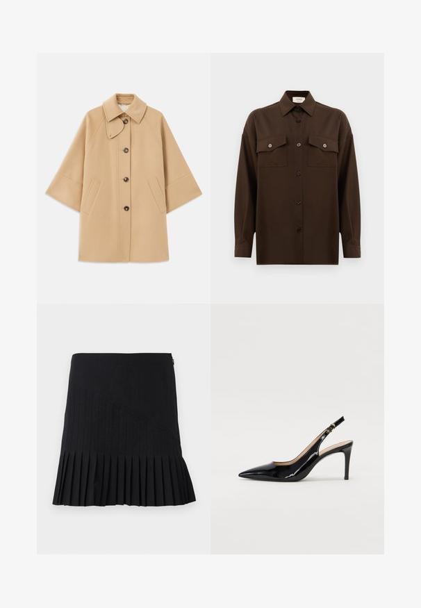 Šviesiai rudas vilnos mišinys paltas su klasikiniu apykakle, priekyje mygtukais užsegamas, ir šoninėmis kišenėmis; turi raglan tipo rankoves ir švarų, struktūrizuotą dizainą.; Tamsiai rudas ilgarankovis mygtukų marškiniai su dviem kišenėmis ant krūtinės ir klasikiniais apykakle, pristatomas prieš paprastą baltą foną.; Juoda klostuota sijonas, pasižymintis siūtomis įstrižomis panelėmis, prigludusia liemeniu ir platėjančiu apvadu. Medžiagos atrodo lengvos ir lygios.; Juodas lakinės odos slingback batelis su smailiu nosiu, plonu kulnu ir subtiliu išpjovos dizainu. Yra auksinė sagtis ant dirželio.