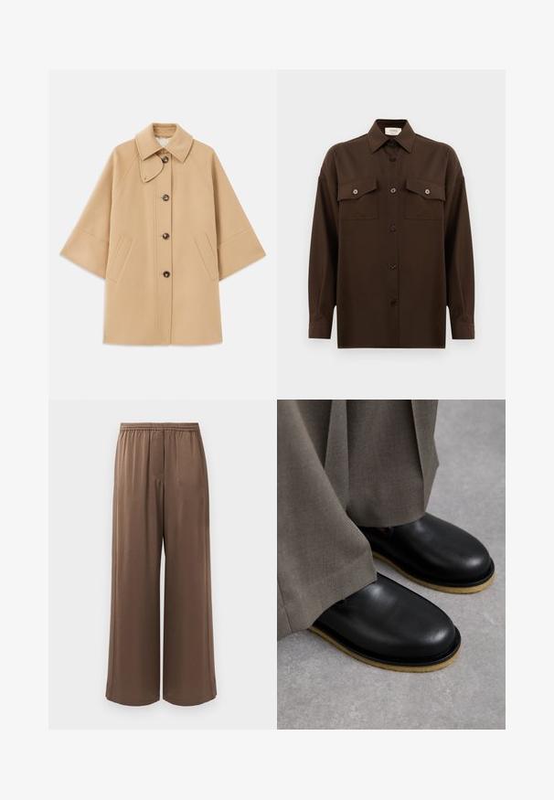 Casaco em mistura de lã bege com colarinho clássico, fecho frontal com botões e bolsos laterais; possui mangas raglan e um design limpo e estruturado.; Camisa de botões de manga longa castanho-escuro, com dois bolsos de aba no peito e um colarinho clássico, apresentada contra um fundo branco liso.; Calças largas castanhas com faixa elástica na cintura e tecido suave, apresentadas contra um fundo branco liso.; Sapatos de couro pretos com biqueira arredondada, sola plana e sola exterior em castanho claro contrastante, combinados com calças cinzas largas.