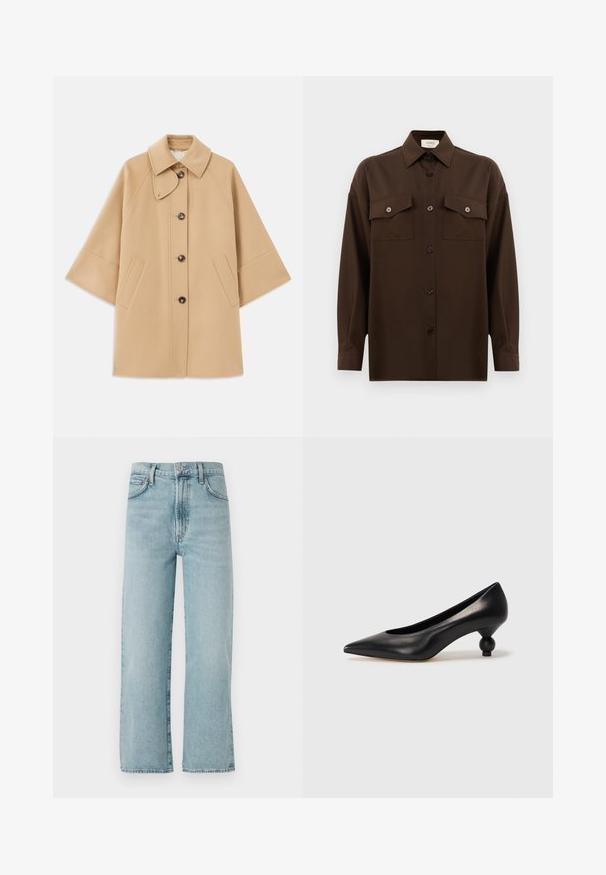 Bežový kabát z vlnenej zmesi s klasickým golierom, predným zapínaním na gombíky a bočnými vreckami; má raglánové rukávy a čistý, štruktúrovaný dizajn.; Tmavohnedá košeľa s dlhým rukávom, na gombíky, s dvoma vreckami na hrudi a klasickým golierom, umiestnená na jednoduchom bielom pozadí.; Svetlomodré rovné džínsy vyrobené z denimu, so zvýšeným pásom, predným zapínaním na gombík a jemným vyblednutím na látke.; Čierna kožená vysoká topánka na podpätku s ostrým špičkou a okrúhlym, guľatým podpätkom. Hladký povrch s moderným, minimalistickým dizajnom.