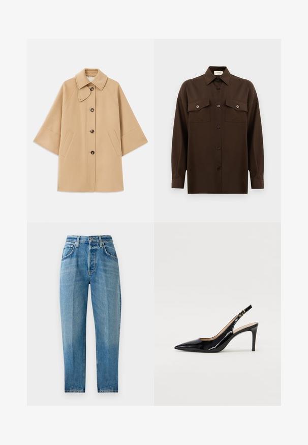 Bež kaput od vune s kombinacijom materijala, klasičnog ovratnika, prednjim zatvorenjem na dugmad i bočnim dzepovima; ima raglan rukave i čist, strukturiran dizajn.; Tamno smeđa dugosleeve košulja s dugim rukavima i dugmadi, s dva džepa s preklopom na prsima i klasičnim ovratnikom, prikazana na jednostavnoj bijeloj pozadini.; Svijetloplave traperice, ravnog kroja, s pet džepova, izbjeljenog izgleda, zatvaranje na zip s gumbom, i vidljiva šavova.; Crne lakirane slingback cipele s oštrim vrhom, uskim potpeticama i suptilnim izrezom. Sadrže zlatnu kopču na traku.