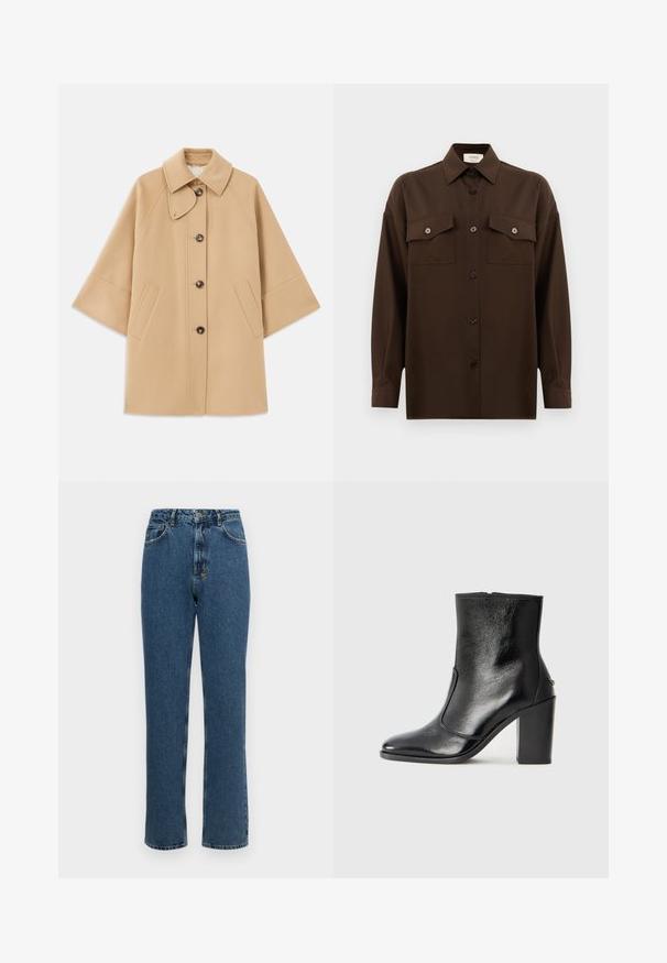 Palton din lână bej, cu un guler clasic, închidere frontală cu nasturi și buzunare laterale; are mâneci raglan și un design curat, structurat.; Cămașă lungă, cu mâneci lungi, de culoare maro închis, cu două buzunare frontale cu clapetă și guler clasic, expusă pe un fundal alb simplu.; Jeanși cu talie înaltă și croială dreaptă din denim albastru închis. Au închidere cu nasture și fermoar, cinci buzunare și o textură ușor estompată.; Botină din piele neagră, cu o textură netedă, vârf ascuțit și toc gros, înalt. Dispune de o deschidere laterală și un design minimalist.