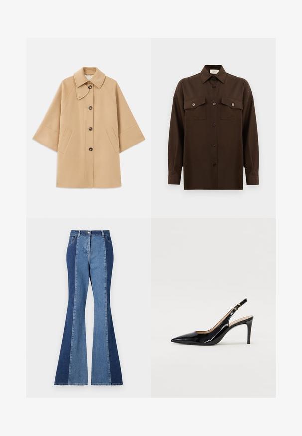 Beež villasegu jakk klassikalise kraega, ees nuppude sulgemise ja küljetaskutega; omab raglan-varrukaid ja puhtalt, struktureeritud disaini.; Tumepruun pikkade varrukatega nööbitav särk kahe klapp-taskuga rinnal ja klassikalise kraega, esitlemiseks lihtsa valge tausta ees.; Läbipaistvad teksad, millel on kahes toonis disain, tumeda ja helesinise denimi paneelid, ees nupuga sulgemine ja klassikaline tasku stiil.; Must hõbedavärvi patendiga slingback kontsakingad terava varbaga, kitsas konts ja peene lõikega disain. Statistika on kuldne pandla rihmal.