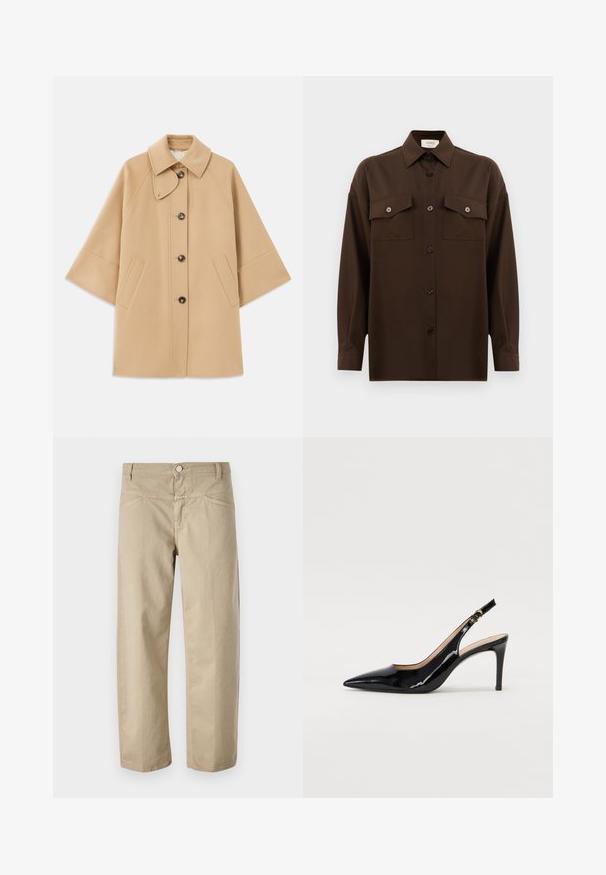 Bež kaput od vune s kombinacijom materijala, klasičnog ovratnika, prednjim zatvorenjem na dugmad i bočnim dzepovima; ima raglan rukave i čist, strukturiran dizajn.; Tamno smeđa dugosleeve košulja s dugim rukavima i dugmadi, s dva džepa s preklopom na prsima i klasičnim ovratnikom, prikazana na jednostavnoj bijeloj pozadini.; Bež pamučne hlače ravnog kroja, s prednjim zatvaranjem na dugme i minimalnim šavovima duž struka i džepova.; Crne lakirane slingback cipele s oštrim vrhom, uskim potpeticama i suptilnim izrezom. Sadrže zlatnu kopču na traku.
