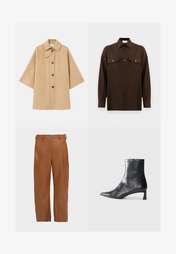 Beež villasegu jakk klassikalise kraega, ees nuppude sulgemise ja küljetaskutega; omab raglan-varrukaid ja puhtalt, struktureeritud disaini.; Tumepruun pikkade varrukatega nööbitav särk kahe klapp-taskuga rinnal ja klassikalise kraega, esitlemiseks lihtsa valge tausta ees.; Pruun faux nahast püksid sirge lõikega, ees seam detailidega, kahe vööaugu ja ühe nööbi kinnitusega vöökohtadel.; Mustad mustall nahkasaabas terava nina ja stiilse disainiga. Omab madalat konts ja luku sulgemist taga. Sile tekstuur.