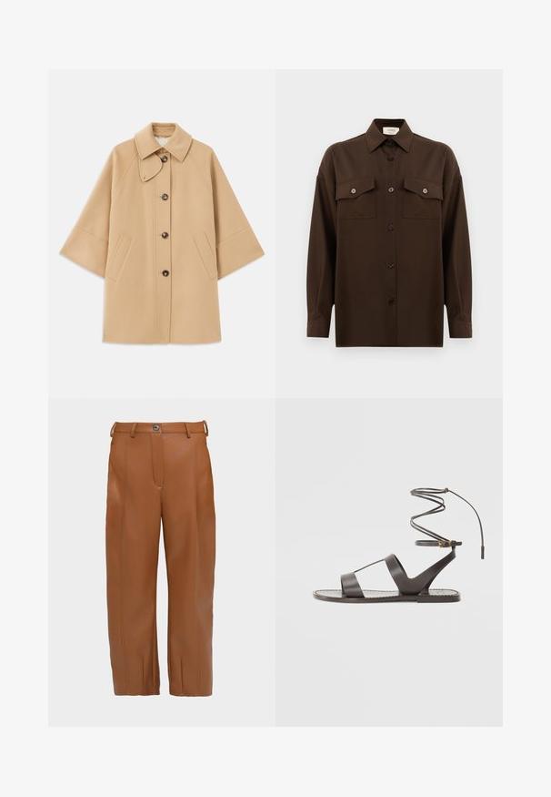 Beżowy płaszcz z wełny z klasycznym kołnierzem, z przodu zapinany na guziki, z kieszeniami po bokach; posiada rękawy raglanowe oraz prosty, uporządkowany fason.; Ciemnobrązowa, długa koszula z guzikami, z dwiema kieszeniami na klatce piersiowej i klasycznym kołnierzykiem, zaprezentowana na jednolitym białym tle.; Brązowe spodnie z sztucznej skóry o prostym kroju, z detalami w postaci szwów z przodu, dwiema pętelkami na pasek oraz pojedynczym zapięciem na guzik w talii.; Brązowe skórzane sandały z płaską podeszwą, charakteryzujące się minimalistycznym wzornictwem, zaokrąglonym paskiem na kostkę oraz licznymi wycięciami dla lepszej wentylacji.