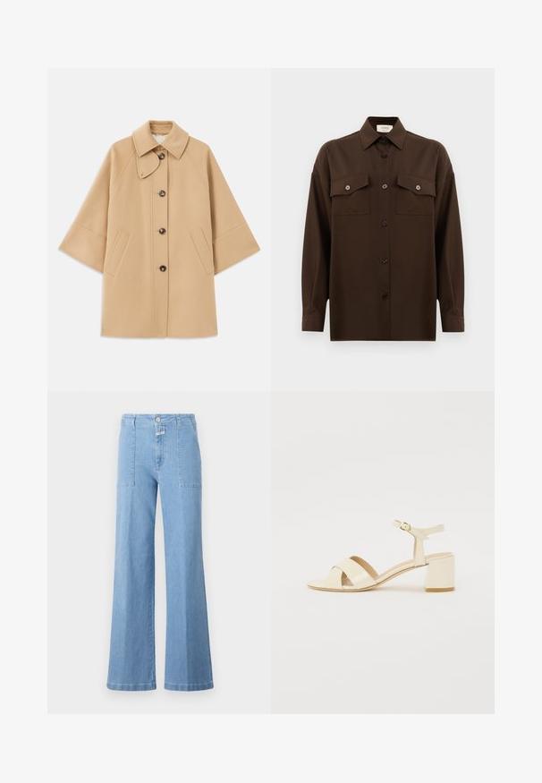 Bež kaput od vune s kombinacijom materijala, klasičnog ovratnika, prednjim zatvorenjem na dugmad i bočnim dzepovima; ima raglan rukave i čist, strukturiran dizajn.; Tamno smeđa dugosleeve košulja s dugim rukavima i dugmadi, s dva džepa s preklopom na prsima i klasičnim ovratnikom, prikazana na jednostavnoj bijeloj pozadini.; Svijetloplave traper široke hlače s visokim strukom, imaju dva prednja džepa i kopčanje na dugme. Glatka tekstura s minimalnim šavovima.; Bež sandale od lakirane kože na visokoj peti s dizajnom preklopnog remena, otvorenim prstima, podesivim remenom oko gležnja i blok petom. Glatka tekstura.