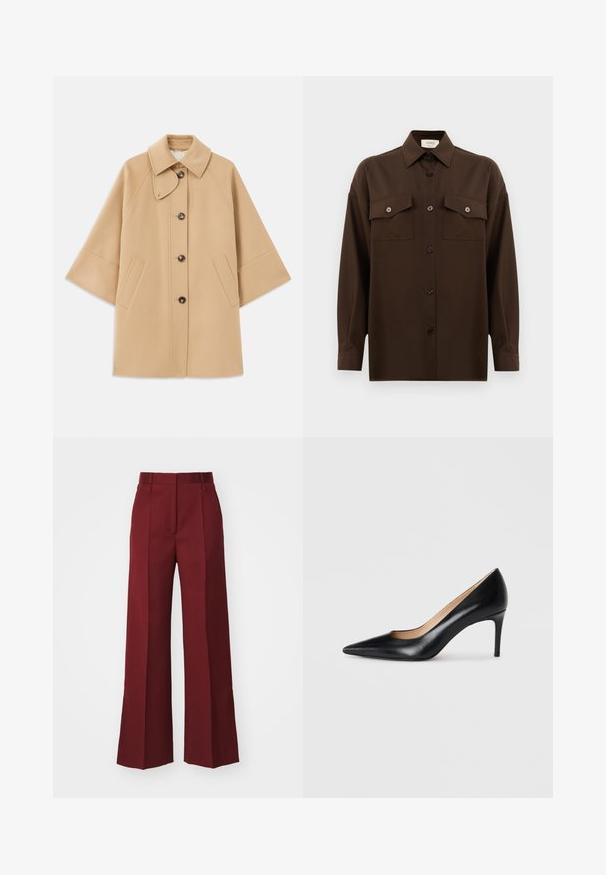 Beige kabát z vlněné směsi s klasickým límcem, zapínáním na knoflíky vpředu a bočními kapsami; má raglánové rukávy a čistý, strukturovaný design.; Tmavě hnědá košile s dlouhým rukávem a knoflíky, se dvěma kapsami na hrudi a klasickým límečkem, vystavená na čistém bílém pozadí.; Široké kalhoty z tmavě burgundské látky s předními sklady, plochým pasem a bez viditelných kapes, s hladkou texturou.; Černé kožené lodičky na vysokém podpatku s špičatou špičkou, elegantním siluetou a hladkým povrchem. Mají tenký podpatek a nízký střih po stranách.