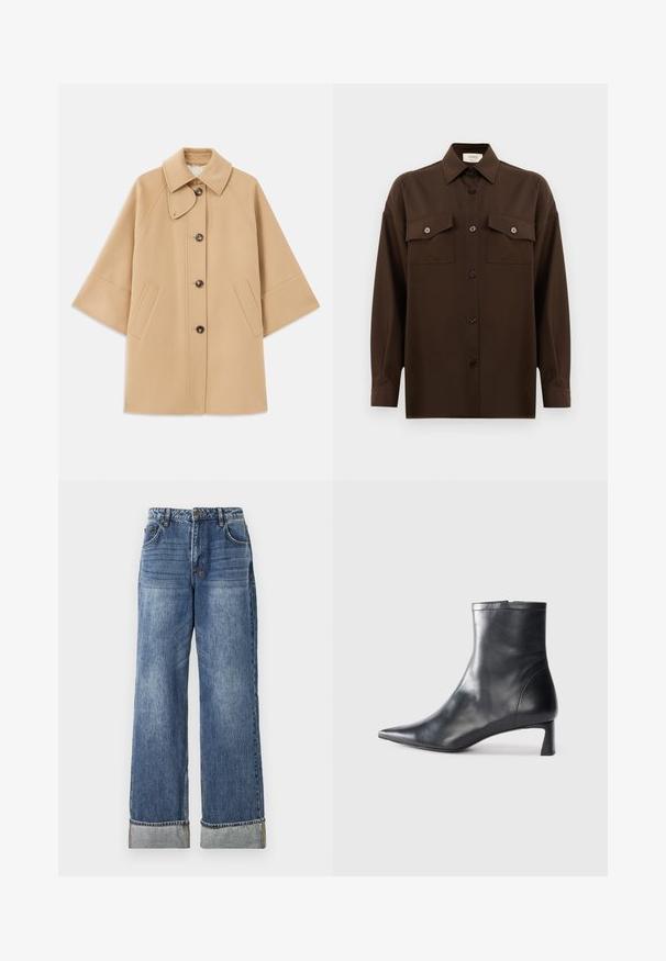 Bežs vilnas maisījuma mētelis ar klasisku apkakli, priekšējo pogu aizdares un sānu kabatām; satur raglanu piedurknes un tīru, strukturētu dizainu.; Tumši brūns garām piedurknēm pogājams krekls ar diviem kabatām uz krūtīm un klasisku apkakli, attēlots uz vienkārša baltā fona.; Ksubi LOW RIDER CUFFED AGED - Džinsi ar taisnām starām - blue denim; Melnas ādas potītes zābaki ar norādītu pirkstu un elegantu dizainu. Iezīmē zemu papēdi un rāvējslēdzēja aizdari aizmugurē. Gluda tekstūra.