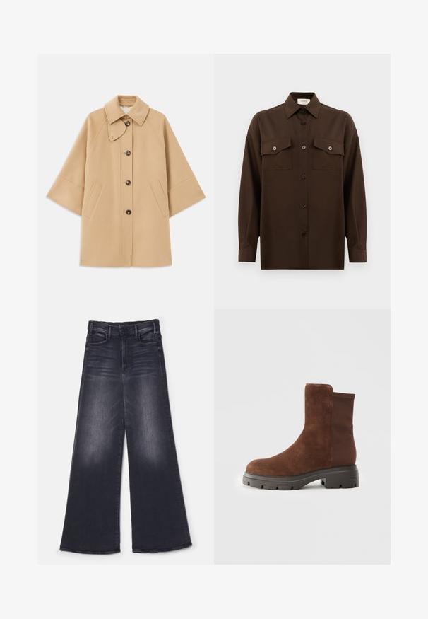 Beige wool blend coat with a classic collar, front button closure, and side pockets; features raglan sleeves and a clean, structured design.; Dark brown long-sleeve button-up shirt with two flap chest pockets and a classic collar, displayed against a plain white background.; Mother THE HUSTLER ROLLER SNEAK - Wide Leg - not today satan; Brown suede ankle boot with elastic side panels, rounded toe, and a thick rubber sole featuring a textured tread pattern.