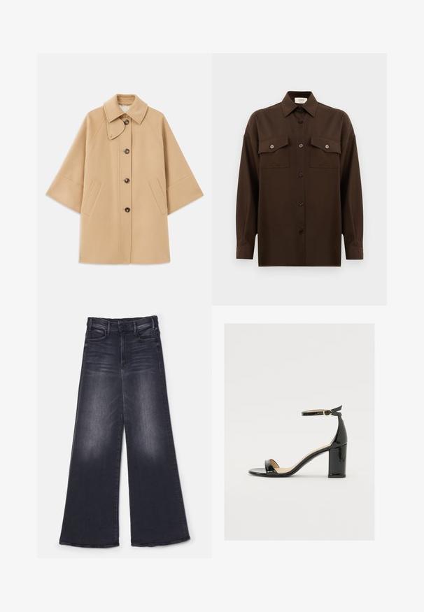 Bežový kabát z vlnenej zmesi s klasickým golierom, predným zapínaním na gombíky a bočnými vreckami; má raglánové rukávy a čistý, štruktúrovaný dizajn.; Tmavohnedá košeľa s dlhým rukávom, na gombíky, s dvoma vreckami na hrudi a klasickým golierom, umiestnená na jednoduchom bielom pozadí.; Mother THE HUSTLER ROLLER SNEAK - Široké nohavice - not today satan; Čierne lakované sandále s širokým podpätkom, otvorenou špičkou a remienkom okolo členka s zlatou sponou. Hladká textúra a elegantný dizajn.