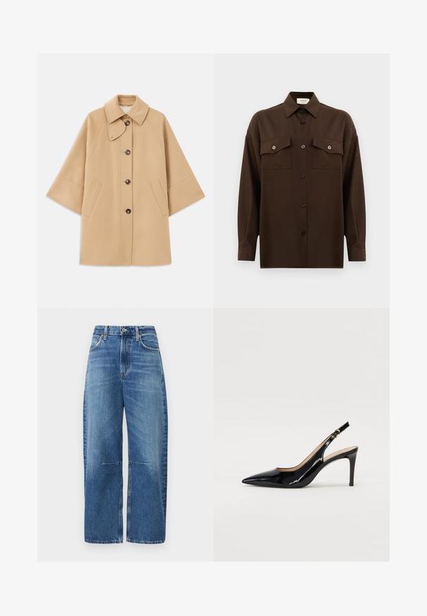 Bežs vilnas maisījuma mētelis ar klasisku apkakli, priekšējo pogu aizdares un sānu kabatām; satur raglanu piedurknes un tīru, strukturētu dizainu.; Tumši brūns garām piedurknēm pogājams krekls ar diviem kabatām uz krūtīm un klasisku apkakli, attēlots uz vienkārša baltā fona.; Plati zila denima bikses ar augstu jostasvietu, klasisku piecu kabatu dizainu un redzamām pastiprinātām šuvēm gar vīlēm.; Melnas lakotās ādas slingback kurpes ar izteiktu degunu, šauru papēdi un smalku izgriezumu dizainu. Siksniņai ir zelta sprādze.