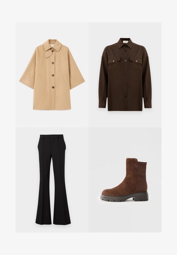 Beige wool blend coat with a classic collar, front button closure, and side pockets; features raglan sleeves and a clean, structured design.; Dark brown long-sleeve button-up shirt with two flap chest pockets and a classic collar, displayed against a plain white background.; Black flared trousers made of a smooth fabric, featuring a front crease, tailored waistband, and side pockets for practical use.; Brown suede ankle boot with elastic side panels, rounded toe, and a thick rubber sole featuring a textured tread pattern.