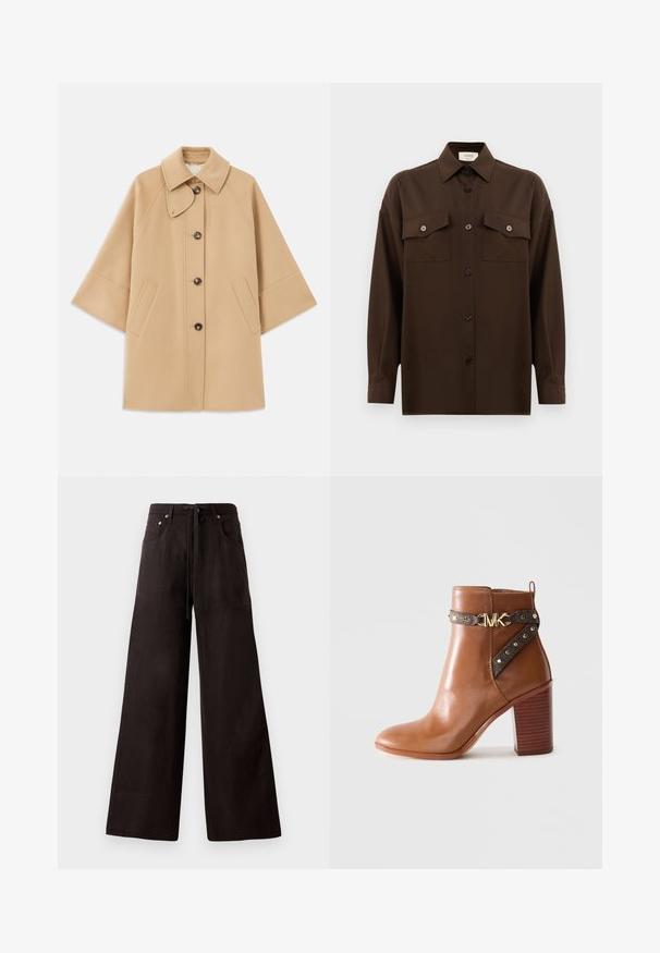 Beige wool blend coat with a classic collar, front button closure, and side pockets; features raglan sleeves and a clean, structured design.; Dark brown long-sleeve button-up shirt with two flap chest pockets and a classic collar, displayed against a plain white background.; Black wide-leg pants made from lightweight fabric. Features a drawstring waist, front pockets, and subtle texture.; Brown leather ankle boot with stacked block heel, side strap featuring gold studs and a gold "MK" logo buckle.