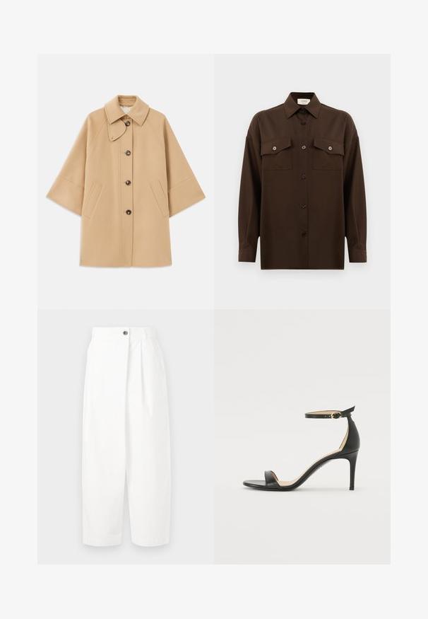 Šviesiai rudas vilnos mišinys paltas su klasikiniu apykakle, priekyje mygtukais užsegamas, ir šoninėmis kišenėmis; turi raglan tipo rankoves ir švarų, struktūrizuotą dizainą.; Tamsiai rudas ilgarankovis mygtukų marškiniai su dviem kišenėmis ant krūtinės ir klasikiniais apykakle, pristatomas prieš paprastą baltą foną.; Baltos plisėtos kelnės su viena sagos uždarymo sistema, šoniniais kišenėmis ir laisvu siluetu, pagamintos iš lengvos medžiagos.; Juodos oda aukštakulniai sandalai su kulkšnies dirželiu. Pasižymi lygiu paviršiumi, atviru pirštu ir plonu kulnu. Auksinės spalvos sagties detalė.