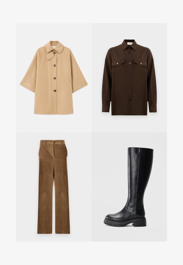 Manteau en mélange de laine beige avec un col classique, fermeture à boutons à l'avant et poches latérales ; présente des manches raglan et un design épuré et structuré.; Chemise à manches longues brun foncé avec boutons, dotée de deux poches poitrine à rabat et d'un col classique, présentée sur un fond blanc uni.; Pantalons en velours côtelé marron à jambes larges avec passants de ceinture et poches avant, présentés à plat sur un fond blanc.; Bottes noires montantes en cuir lisse, avec un bout arrondi et une semelle épaisse en caoutchouc dotée de motifs de grip pour une meilleure adhérence.