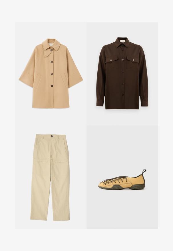 Bežna volnena jopica s klasičnim ovratnikom, sprednjim gumbom za zapiranje in stranskimi žepi; ima raglan rokave in čist, strukturiran dizajn.; Temno rjav srajca z dolgimi rokavi na gumbe, z dvema žepoma na prsih in klasičnim ovratnikom, prikazana na enotni beli podlagi.; Bež široke hlače iz bombaža. Imajo dva sprednja žepa, dva zadnja žepa in en sam gumb za zapiranje v pasu.; Rumene semiš čevlje z vezalkami in temno zelenim gumijastim podplatom ter petnim trakom, prikazani s strani na svetlo sivi ozadju.