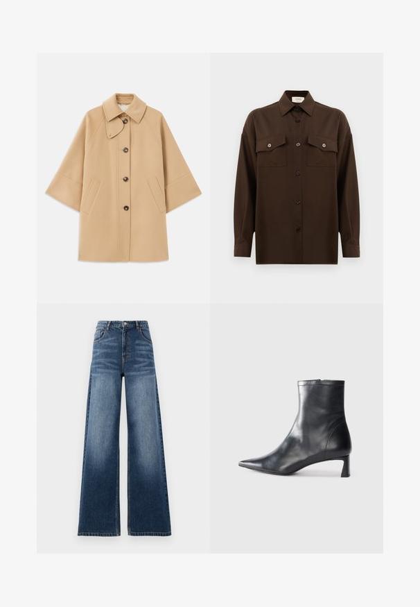 Bež kaput od vune s kombinacijom materijala, klasičnog ovratnika, prednjim zatvorenjem na dugmad i bočnim dzepovima; ima raglan rukave i čist, strukturiran dizajn.; Tamno smeđa dugosleeve košulja s dugim rukavima i dugmadi, s dva džepa s preklopom na prsima i klasičnim ovratnikom, prikazana na jednostavnoj bijeloj pozadini.; Široke traperice u srednje plavoj boji, s visokim strukom, detaljima izbljeđivanja i klasičnim dizajnom s pet džepova i šivenim akcentima.; Crne kožne gležnjače s uskim vrhom i elegantnim dizajnom. Imaju niski potpetak i zatvaranje na patentni zatvarač straga. Glatka tekstura.
